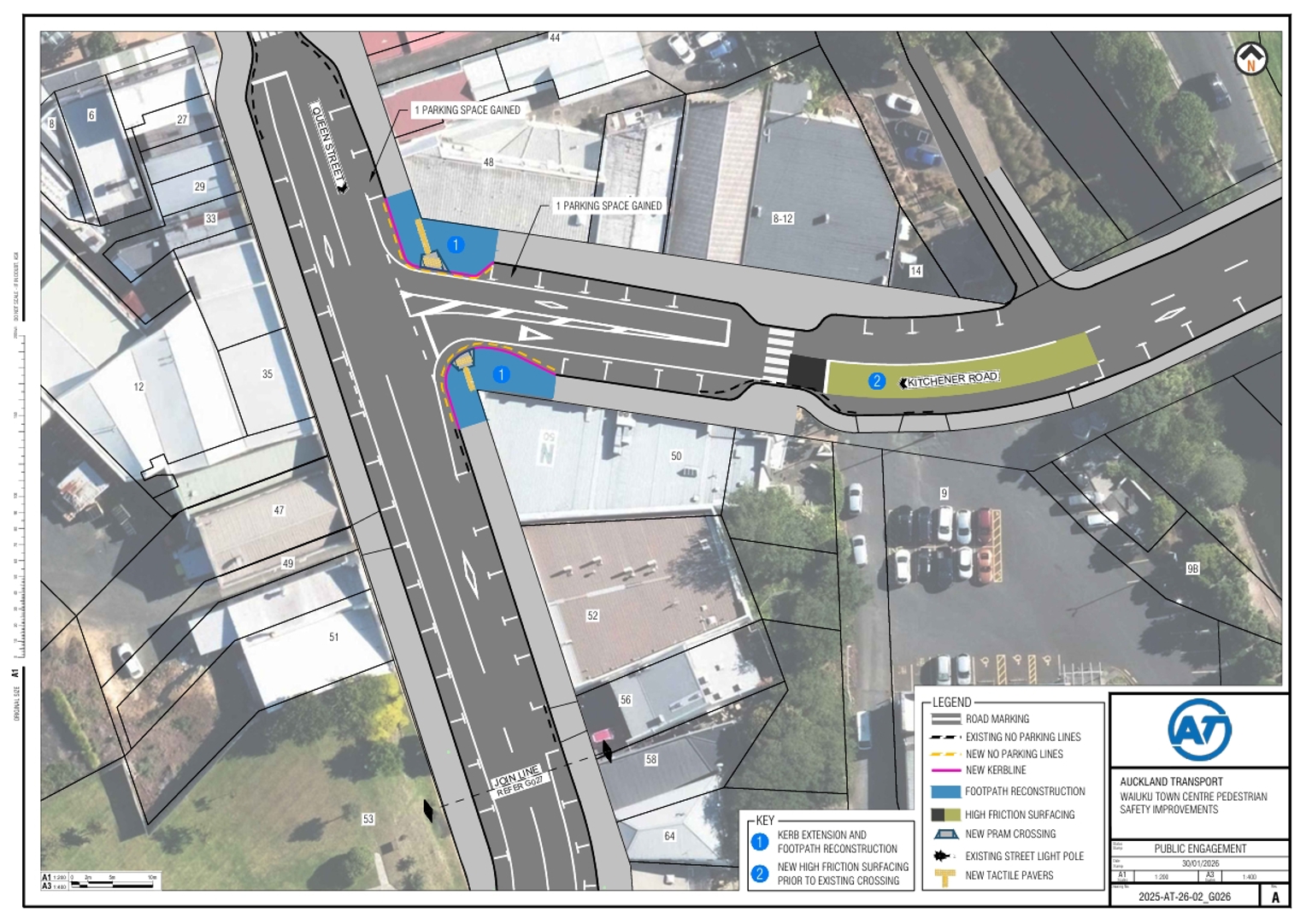 Map showing the proposed changes to the Queen Street and Kitchener Street intersection in Waiuku.