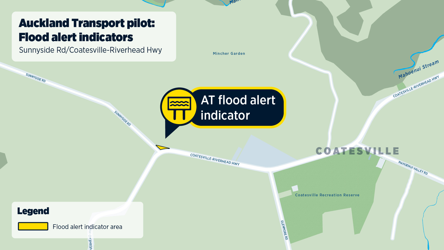 Map showing flood alert signage installed at the T intersection where Sunnyside Road connects with the Coatesville-Riverhead Highway. A yellow sign icon labelled ‘AT flood alert indicator’ points to the intersection. Map header reads: ‘Auckland Transport pilot: Flood alert indicators, Sunnyside Road/Coatesville-Riverhead Highway’. The map legend reads ‘flood alert indicator area’, indicated with a yellow box.