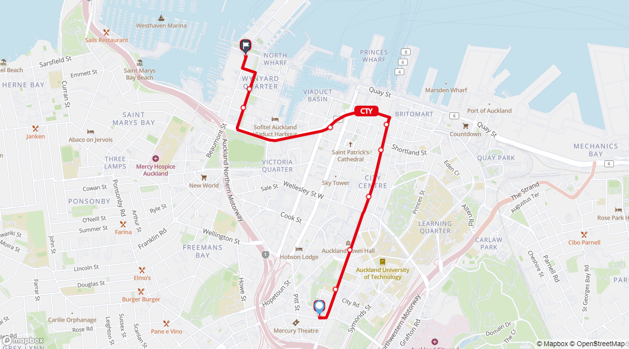 Map showing CTY link bus route from Karangahape Road to Wynyard Quarter
