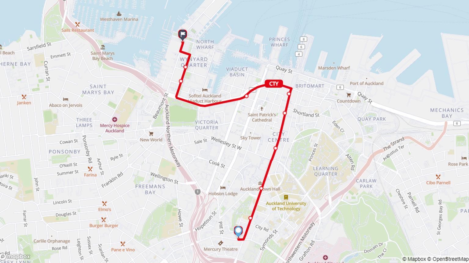 Map showing CTY link bus route from Karangahape Road to Wynyard Quarter
