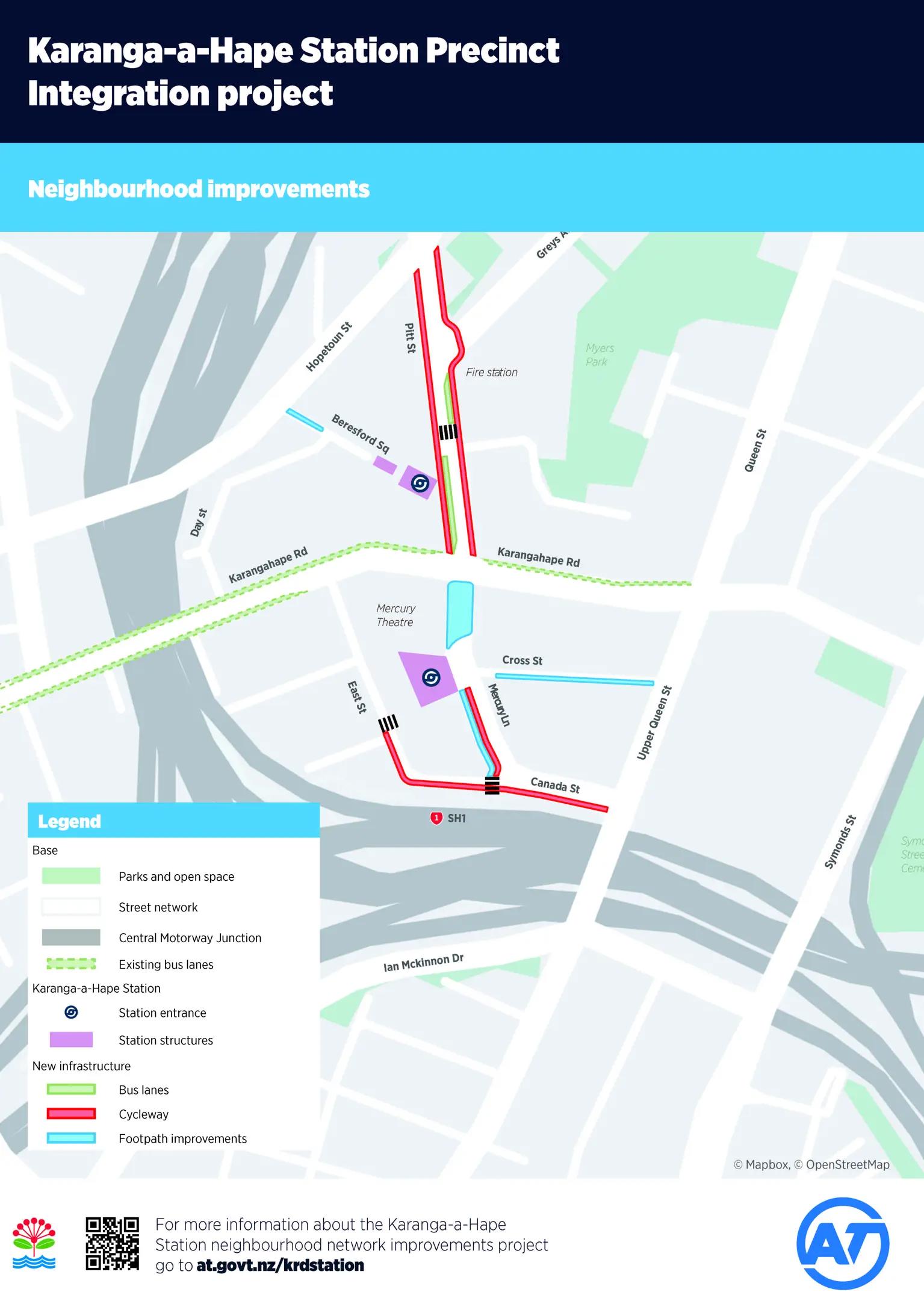 Map of Karanga-a-hape Station precinct showing locations of neighbourhood improvements, including bus lanes marked in green, cycleways in red and footpath improvements in blue.
