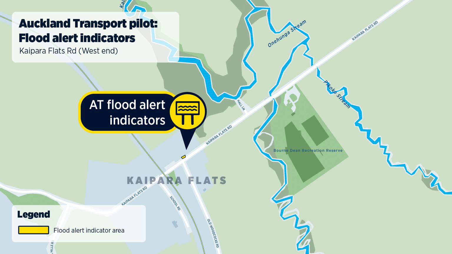 Map showing flood alert signage installed on Kaipara Flats Road west. A yellow sign icon labelled ‘AT flood alert indicator’ points to Kaipara Flats Road, just east of the intersection of Old Woodcocks Road. Map header reads: ‘Auckland Transport pilot: Flood alert indicators, Kaipara Flats Road (west end)’. The map legend reads ‘flood alert indicator area’, indicated with a yellow box.