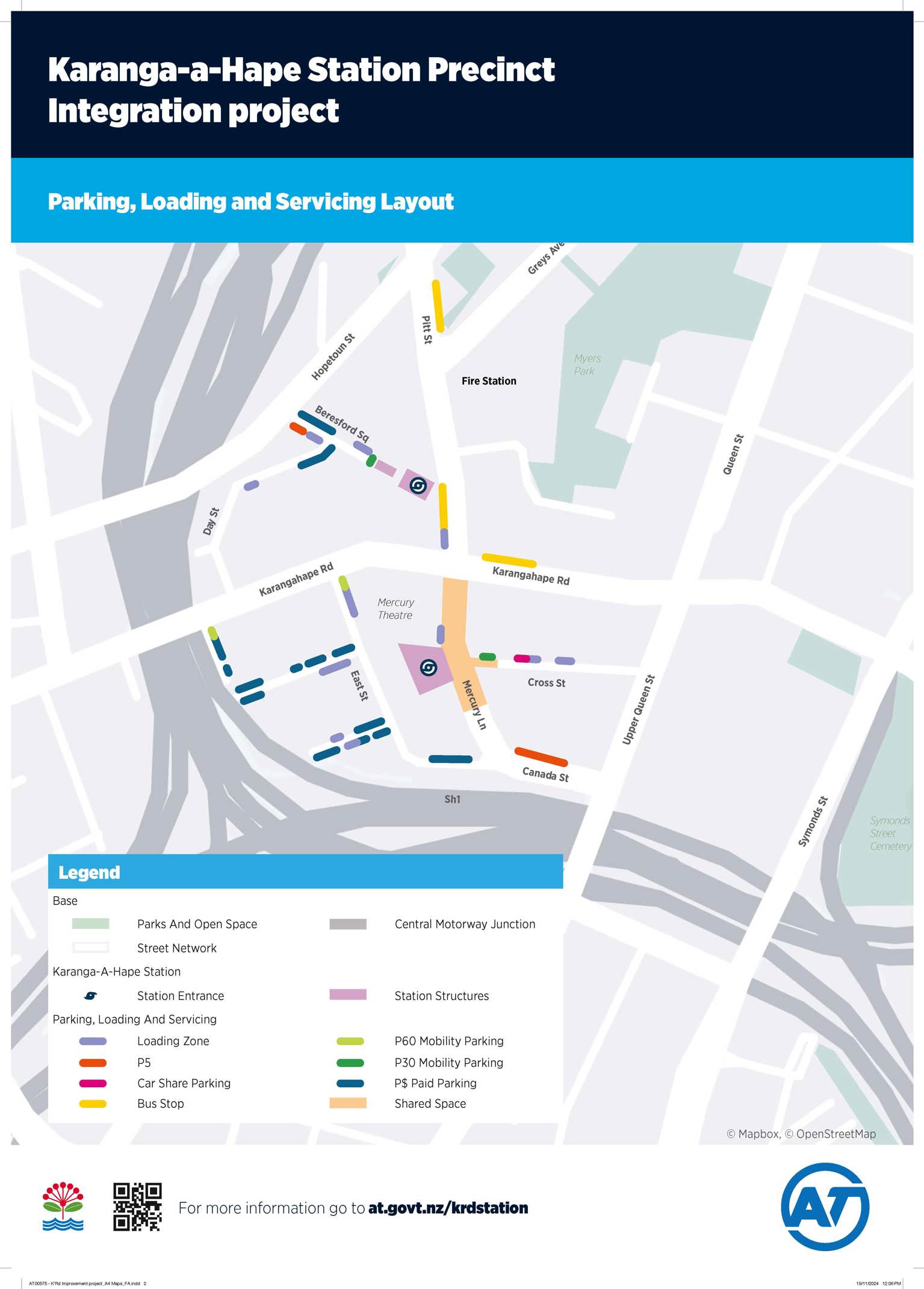 Map of Karanga-a-hape Station precinct showing locations of neighbourhood improvements, including bus lanes marked in green, cycleways in red and footpath improvements in blue.