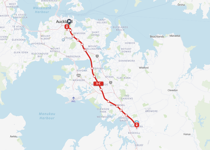 Papakura to Auckland Domain train journey map