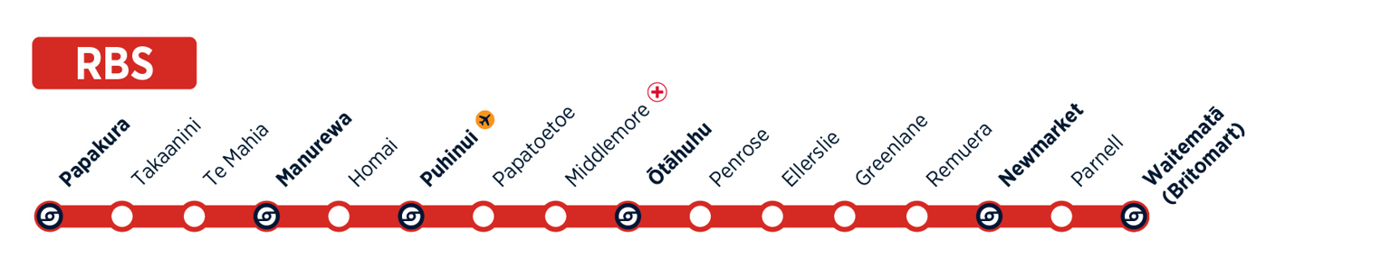 Map showing stops along the route of the Rail Replacement Bus South.