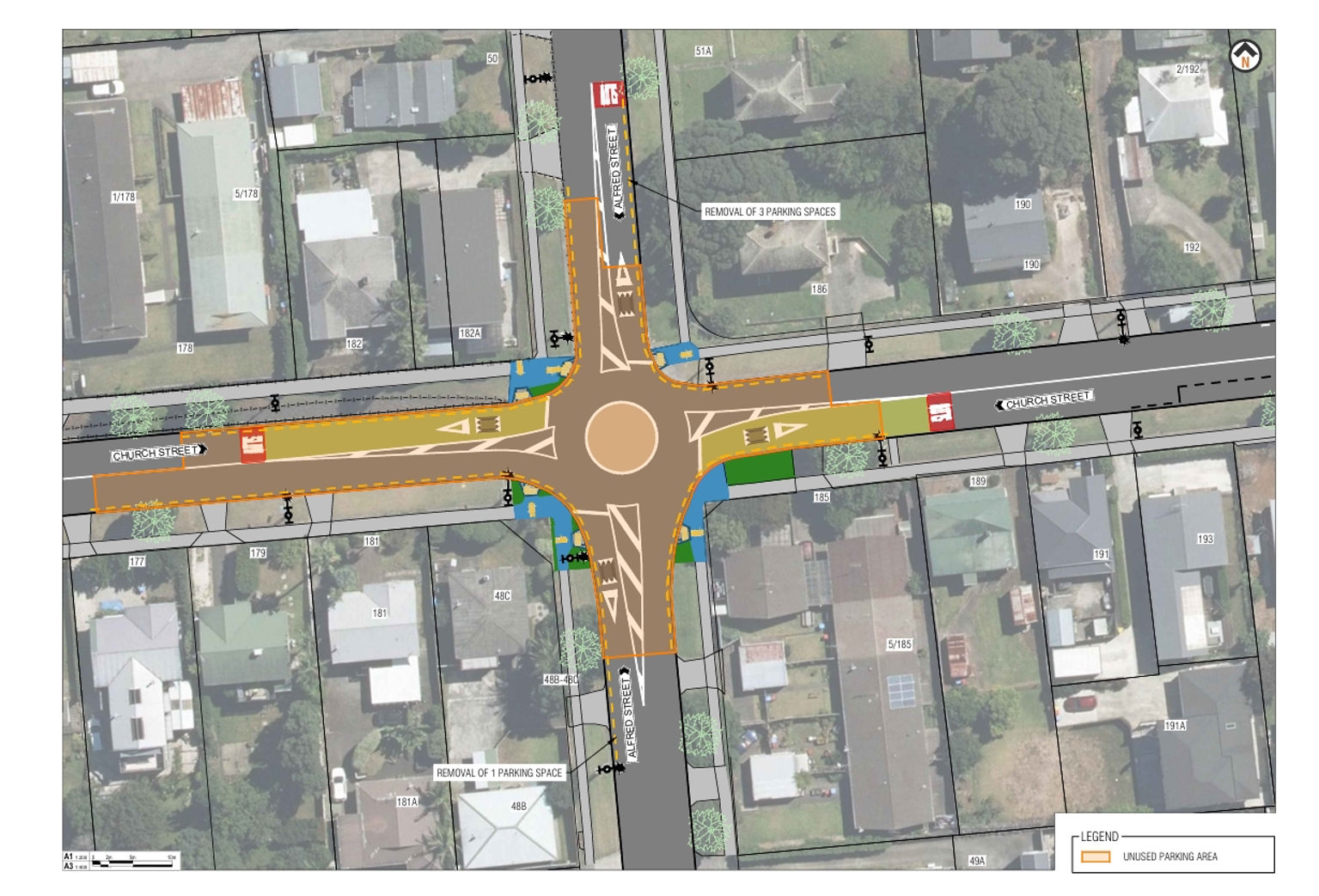 Map showing the proposed impact on parking as part of the changes for the Alfred Street and Church Street roundabout.