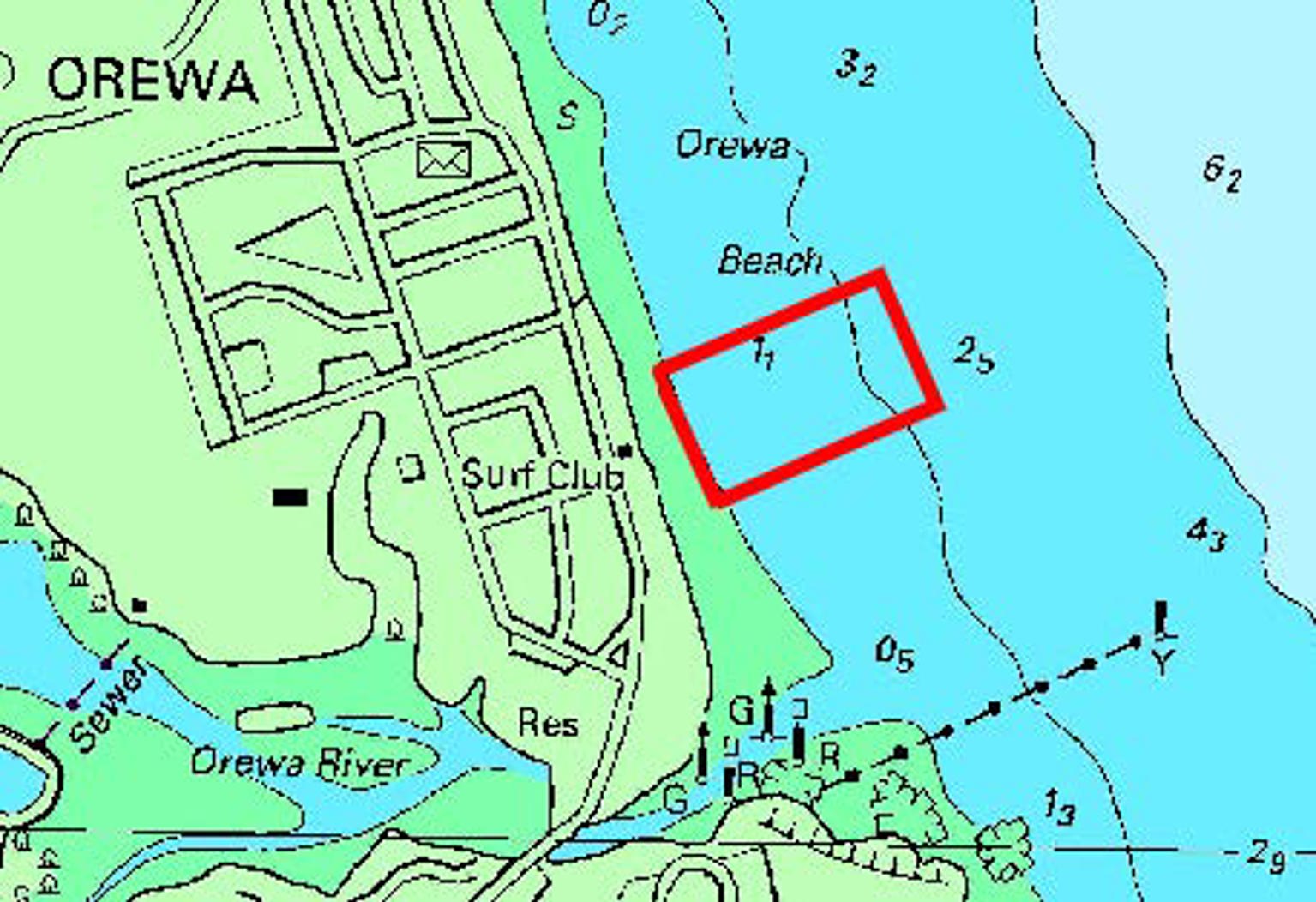 Map showing where jetski will be racing at Orewa Beach.