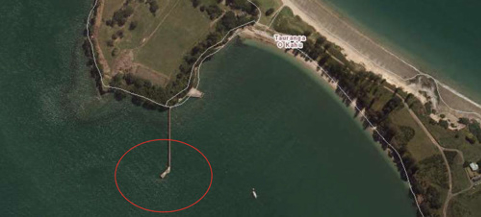 Aerial view of coastline with Motuihe wharf circled in red.