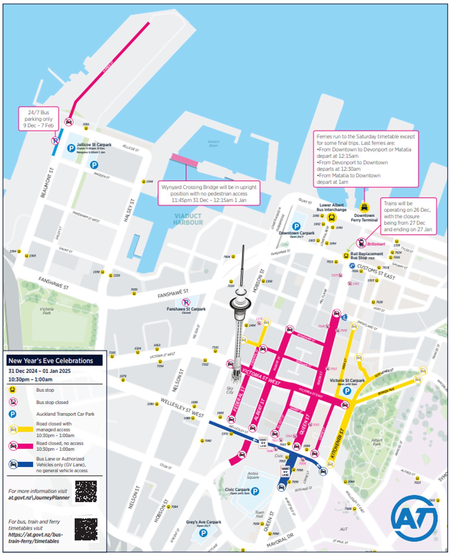 Bus stops and road closures on Tuesday 31 December 2024 from 11am to 1am.