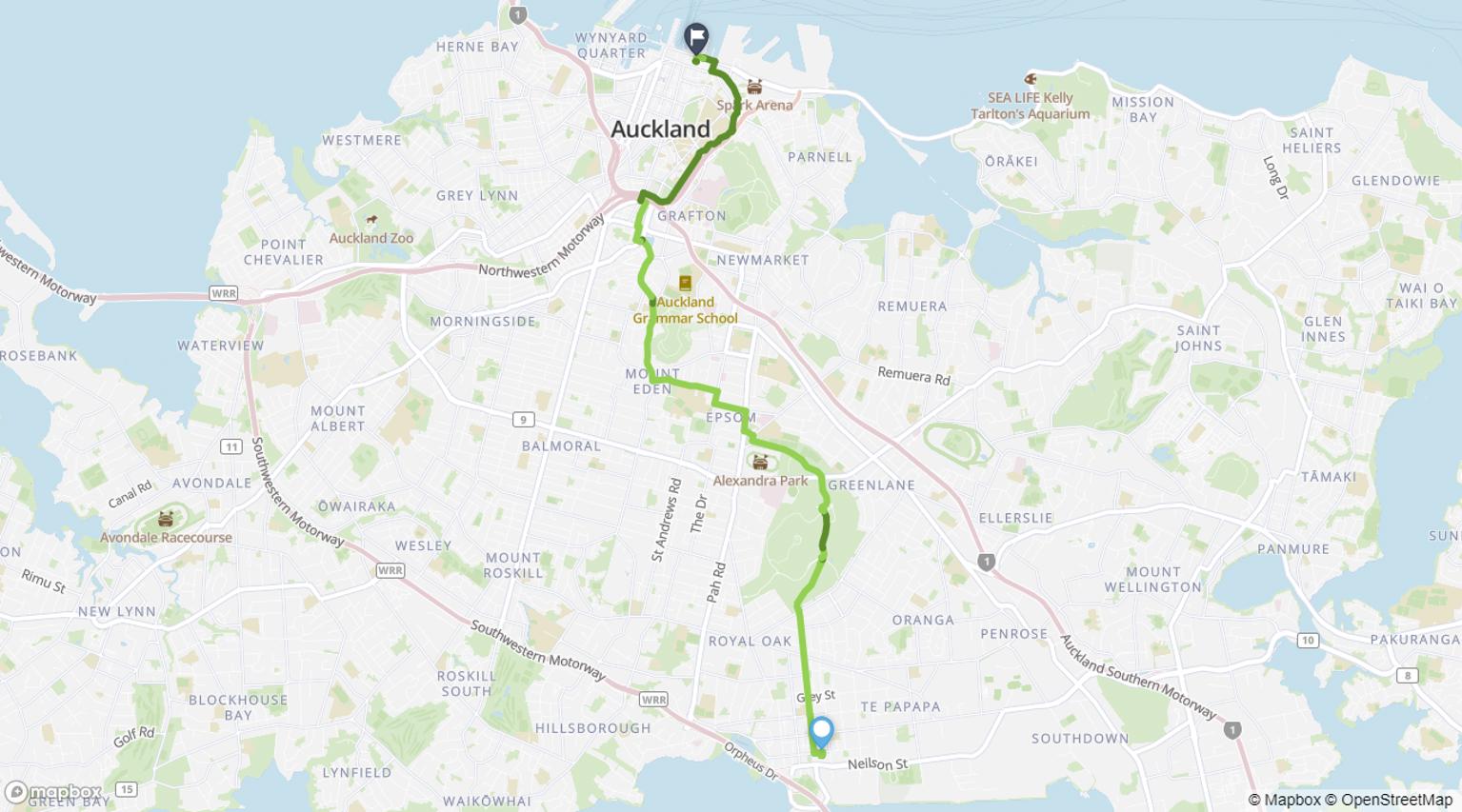 Map showing cycling route from Onehunga Station to Waitematā Station (Britomart) 