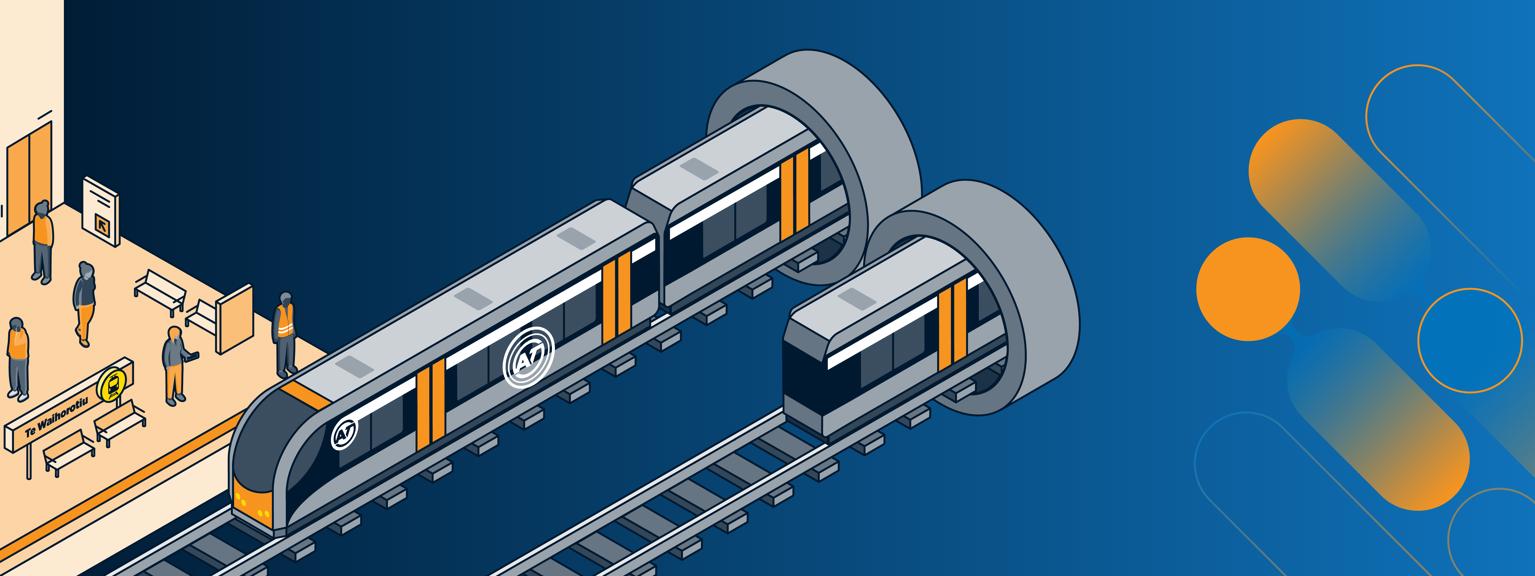 Cartoon image of trains traveling in and out of tunnels next to a train station.
