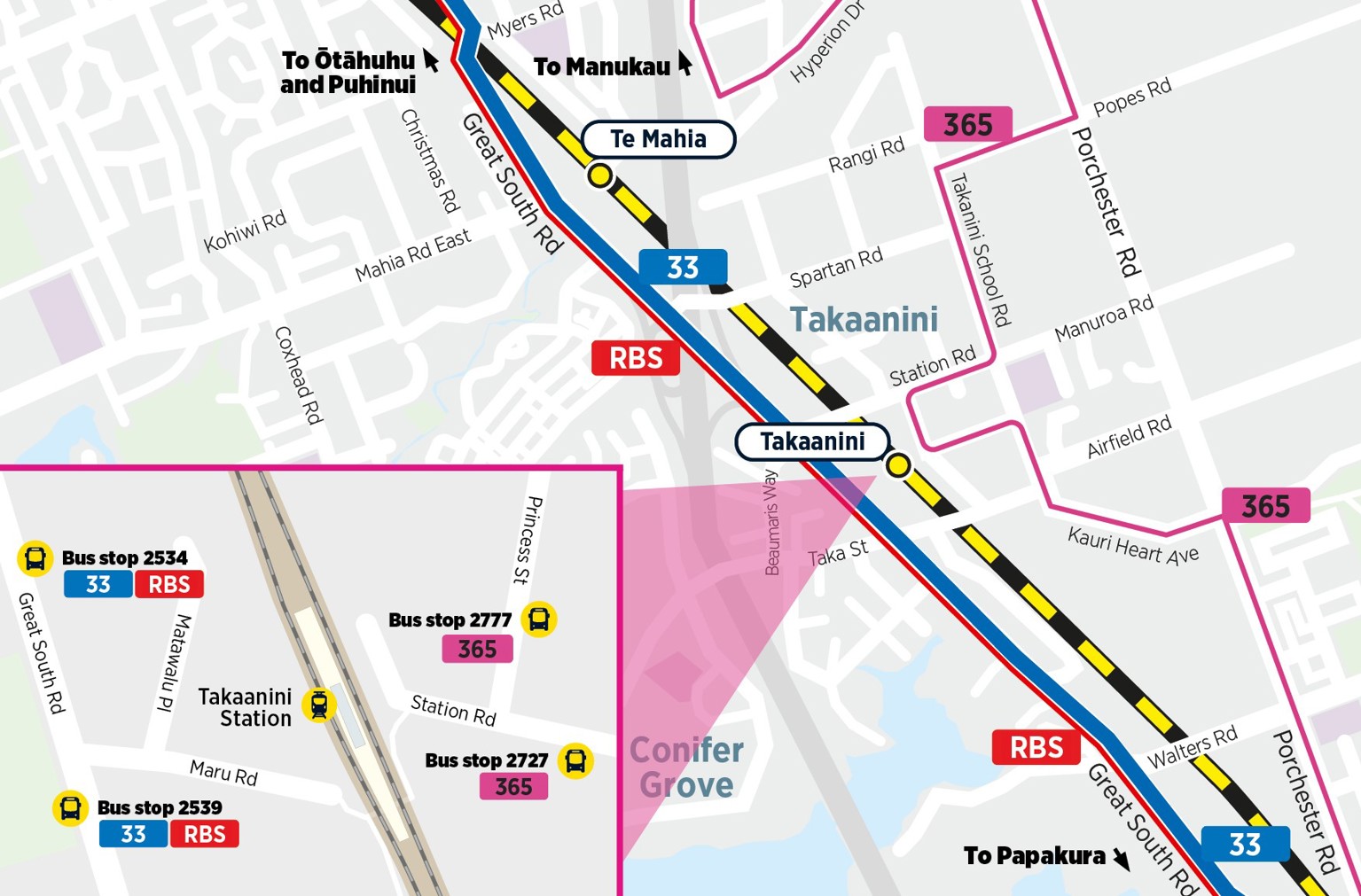 Map of alternative routes from Takaanini Station