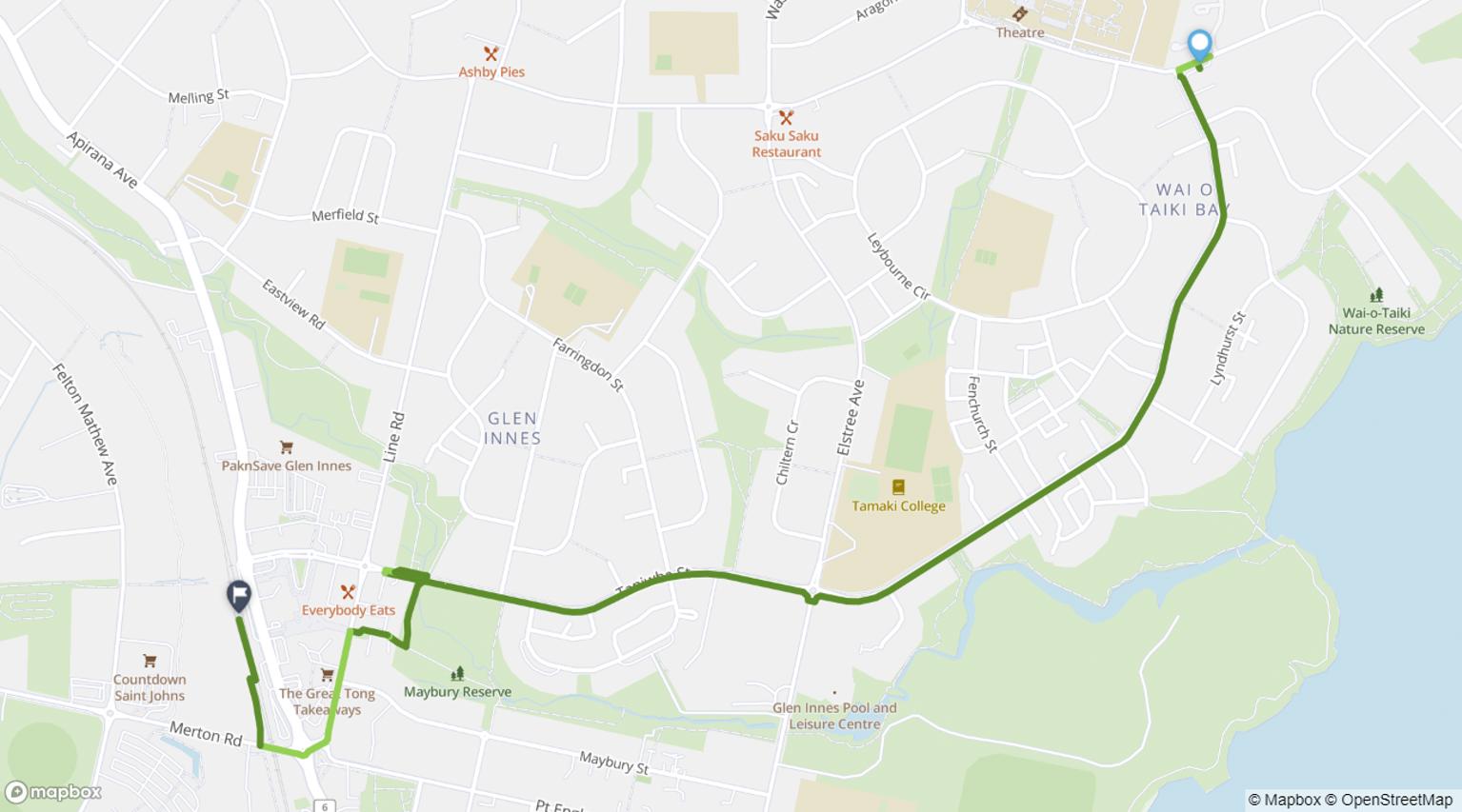 Map showing cycling route from Glendowie town centre to Glen Innes Station along Taniwha Street cycleway