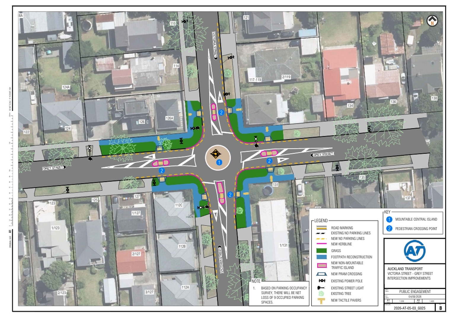 Map showing the planned changes for the Victoria Street and Grey Street intersection in Onehunga.