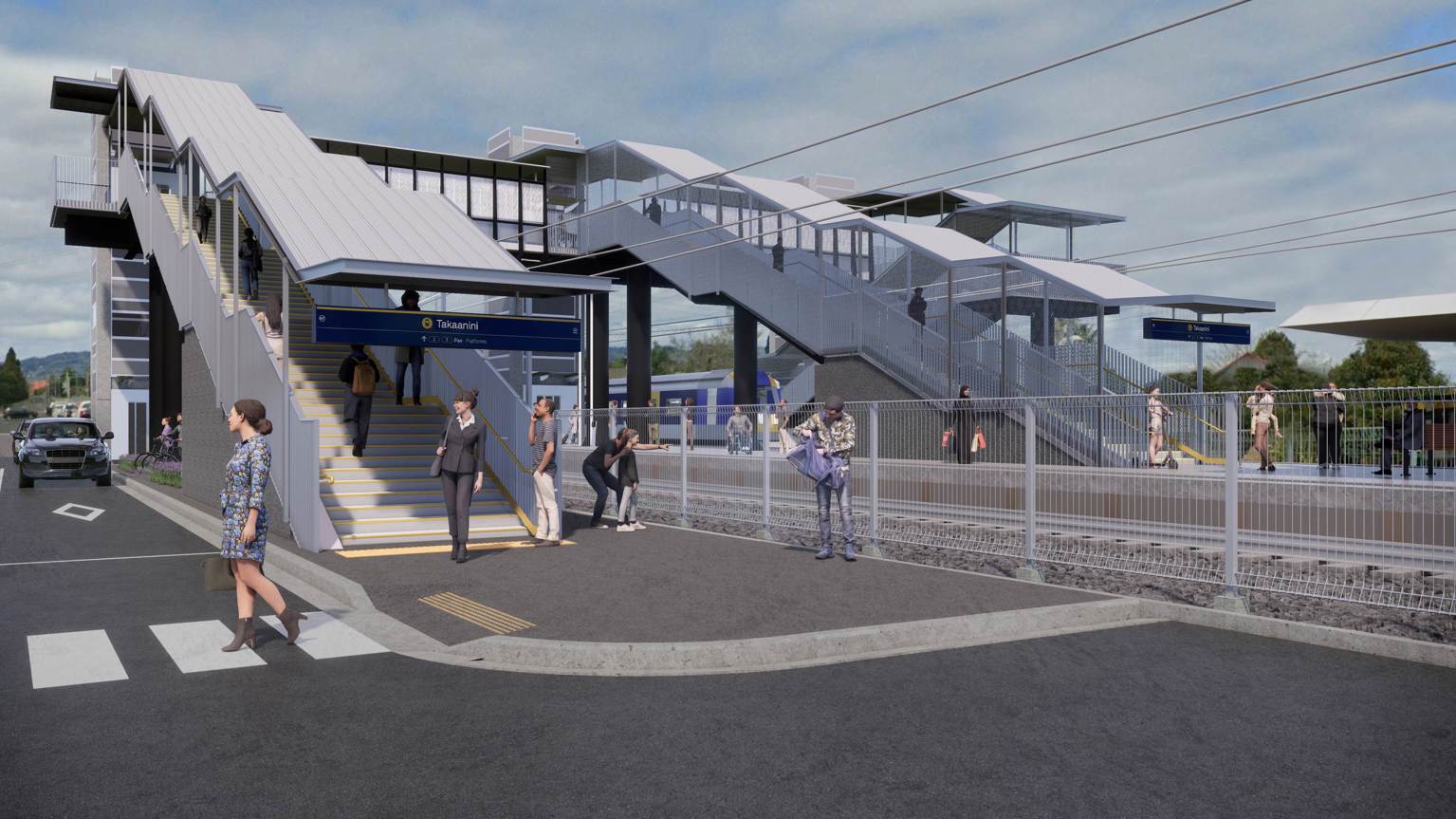 An artists impression of the pedestrian overbridge at Takanini Station.