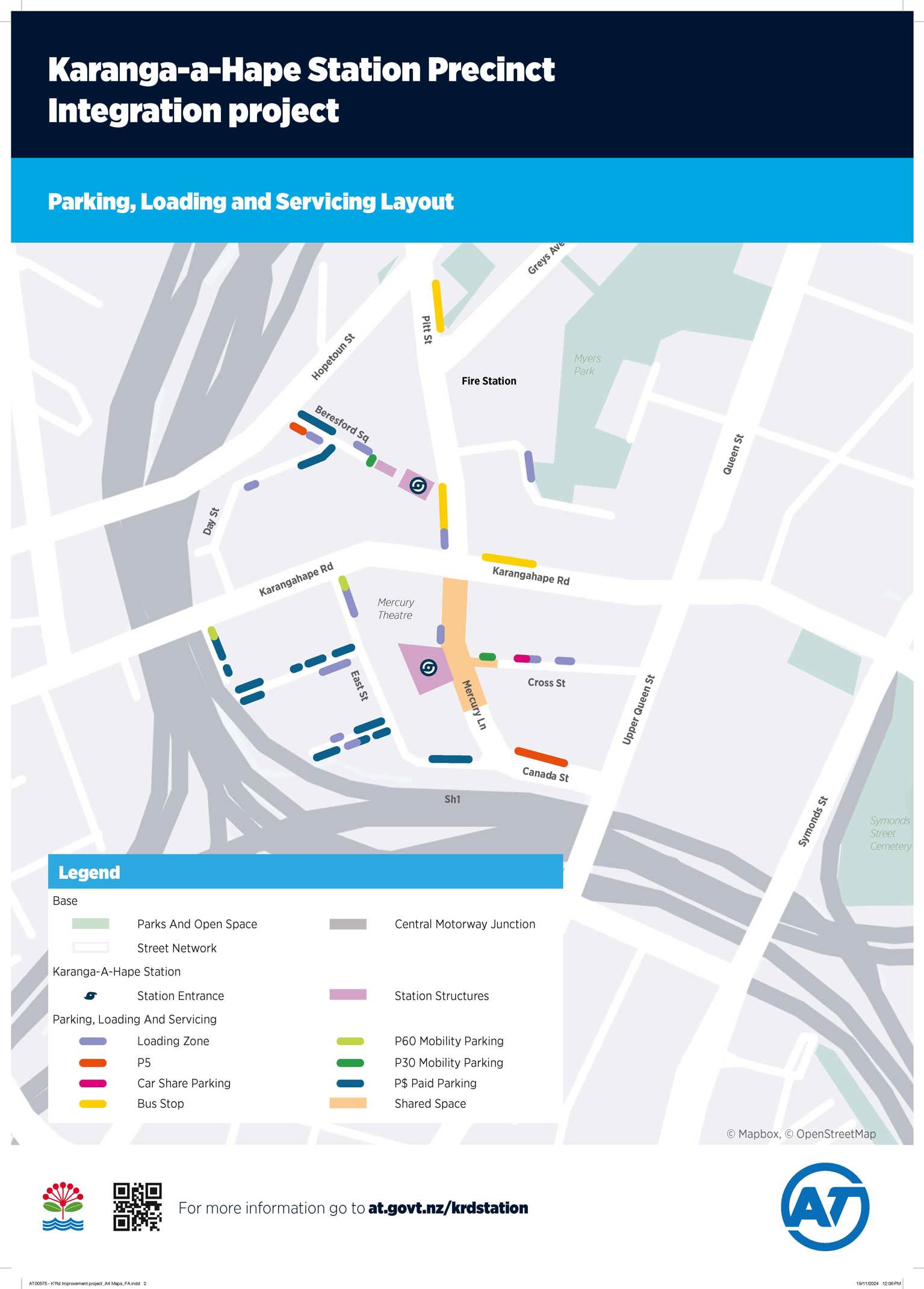 Map of Karanga-a-Hape Station precinct showing general traffic routes, parking spaces, loading zones, shared 
zones and more.