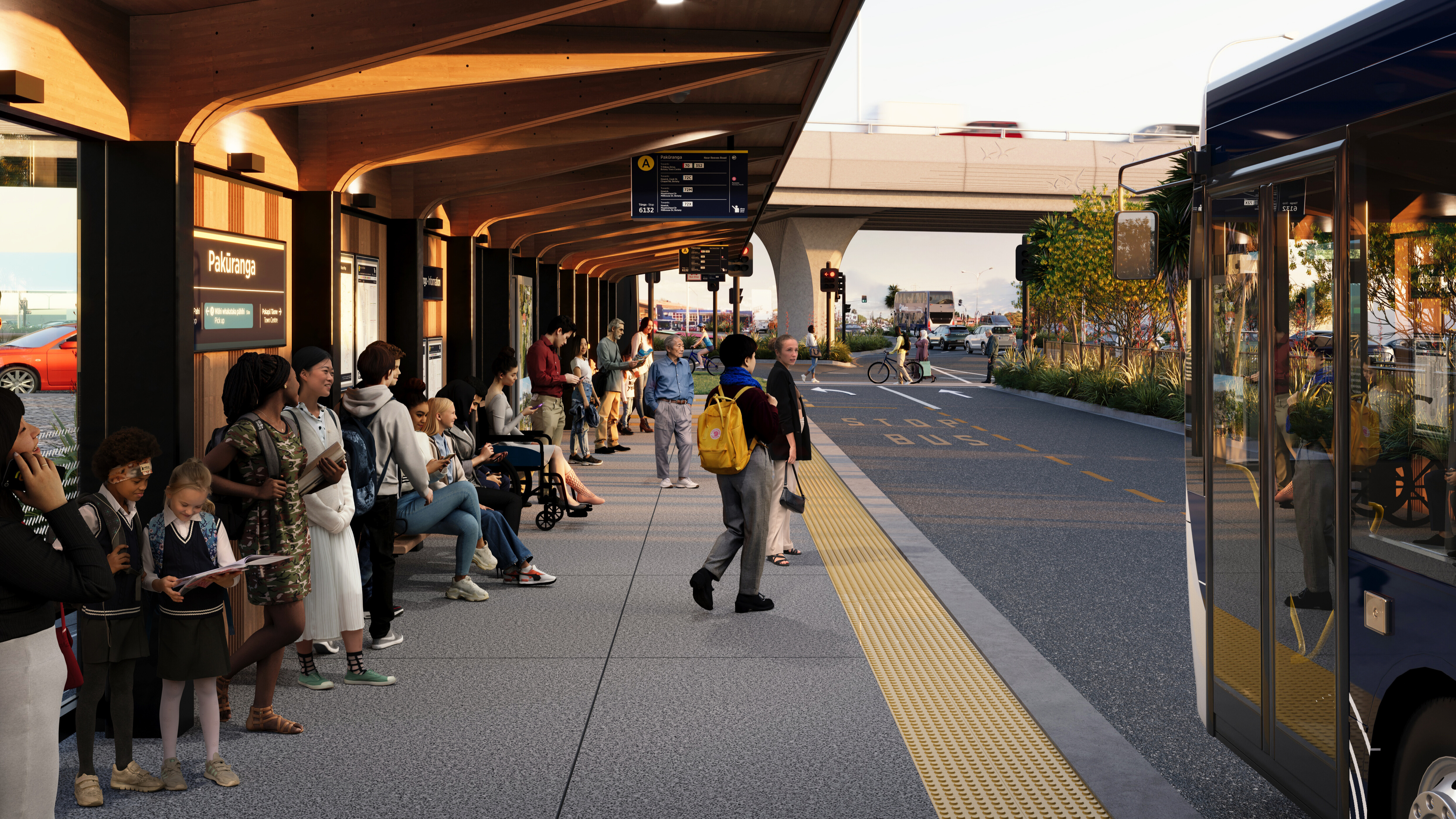People waiting at a bus station.