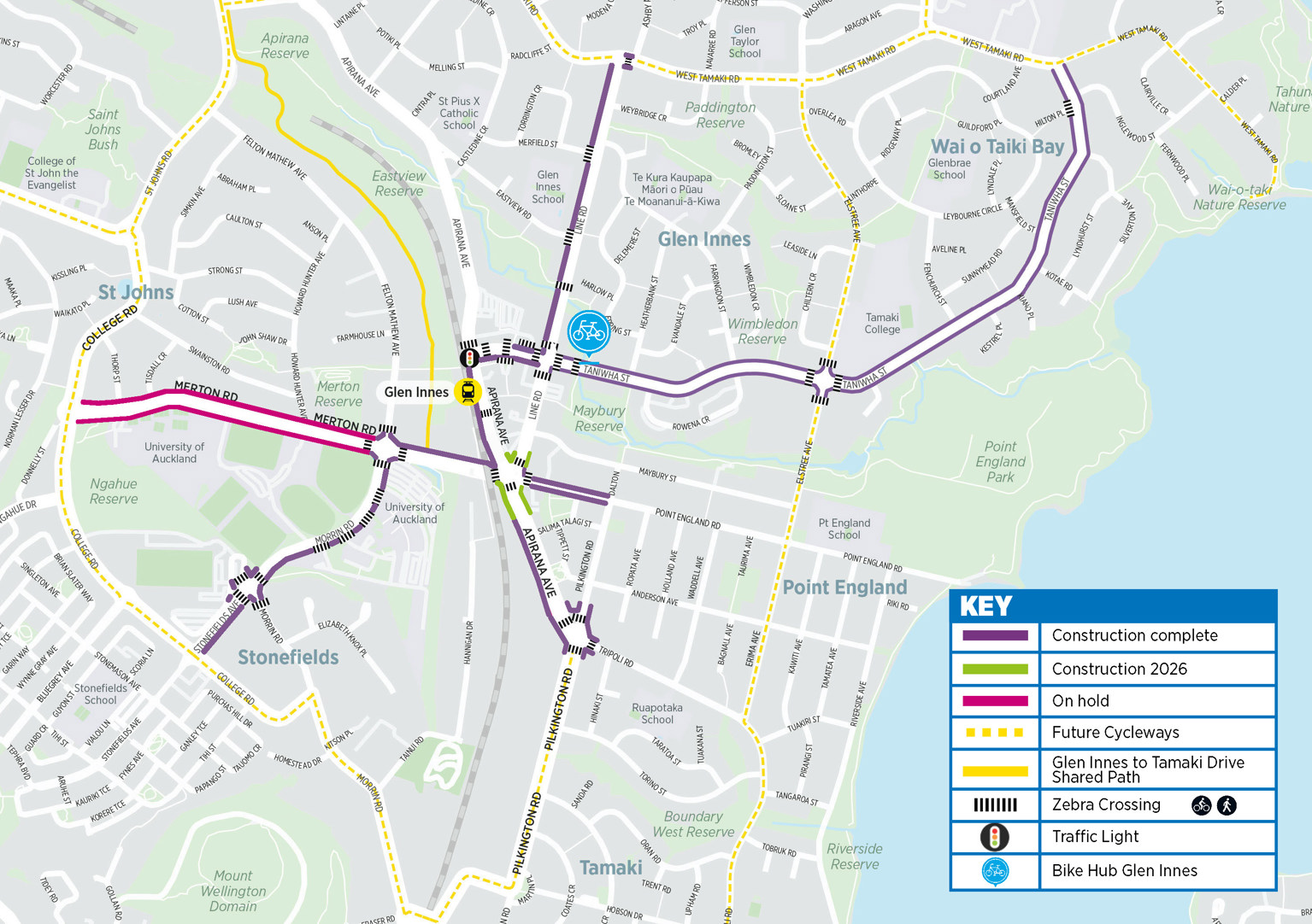 Map showing the Glen Innes cycleways project including where construction is complete, where construction is happening in 2025 and 2026, and future cycleways.