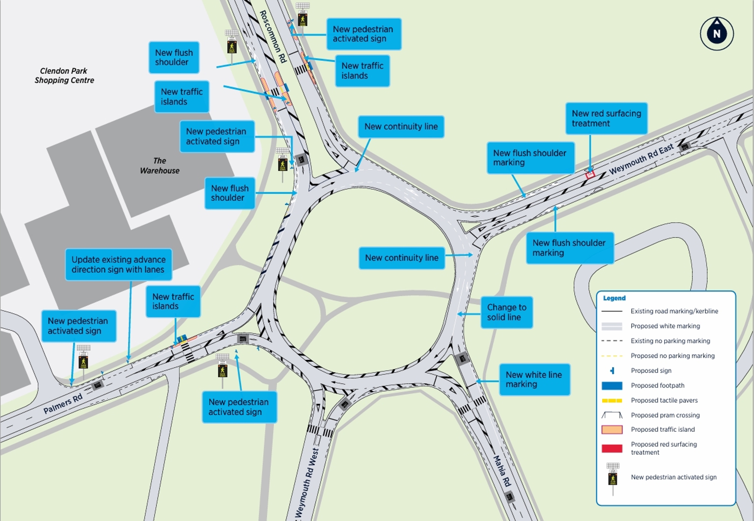 Map showing design changes for the Weymouth roundabout in Clendon.
