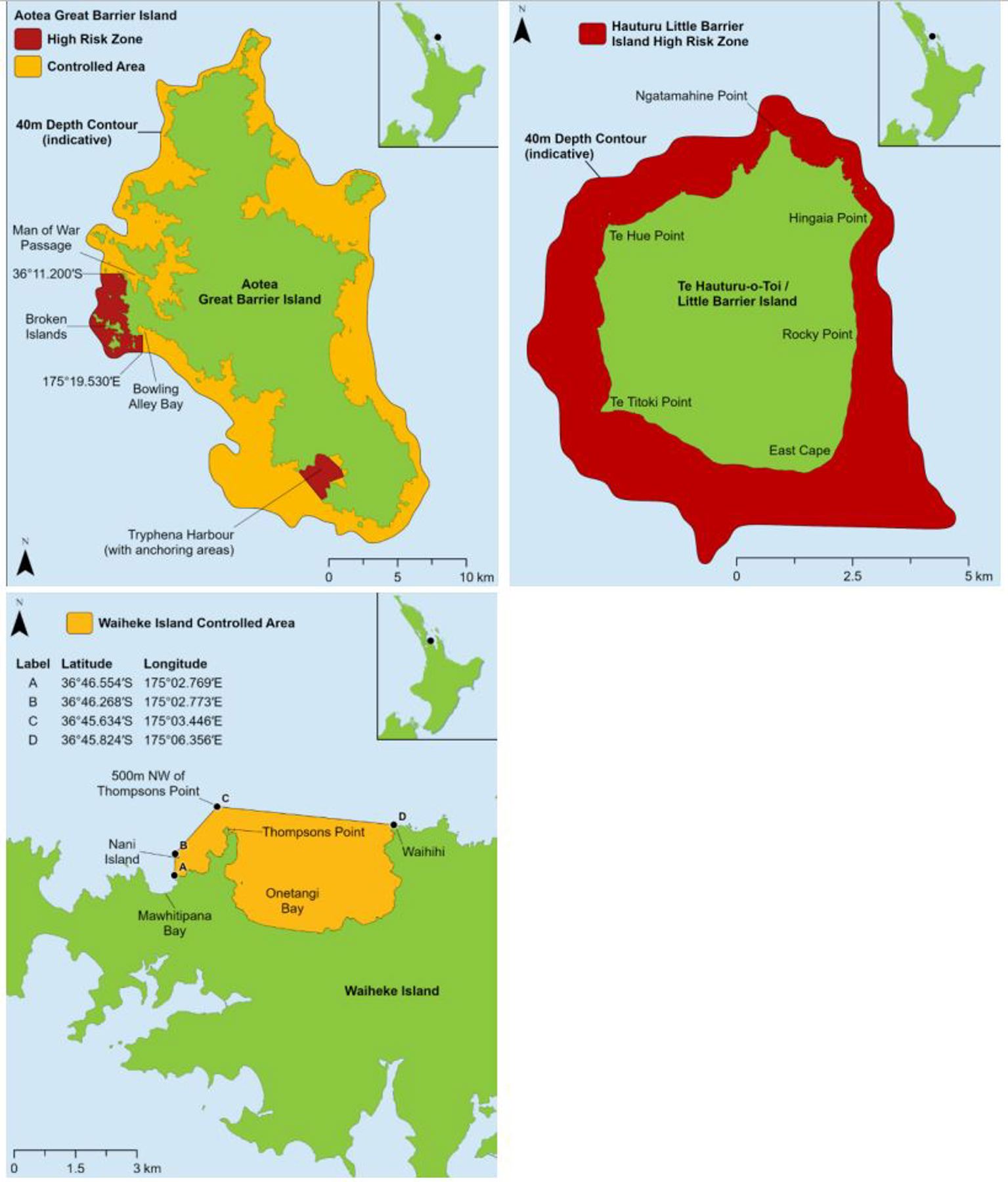 Maps showing controlled and high-risk zones around Aotea Great Barrier Island, Little Barrier Island and Waiheke Island.