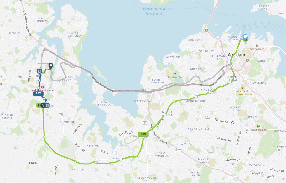 Britomart to The Trusts Arena East West Line train map