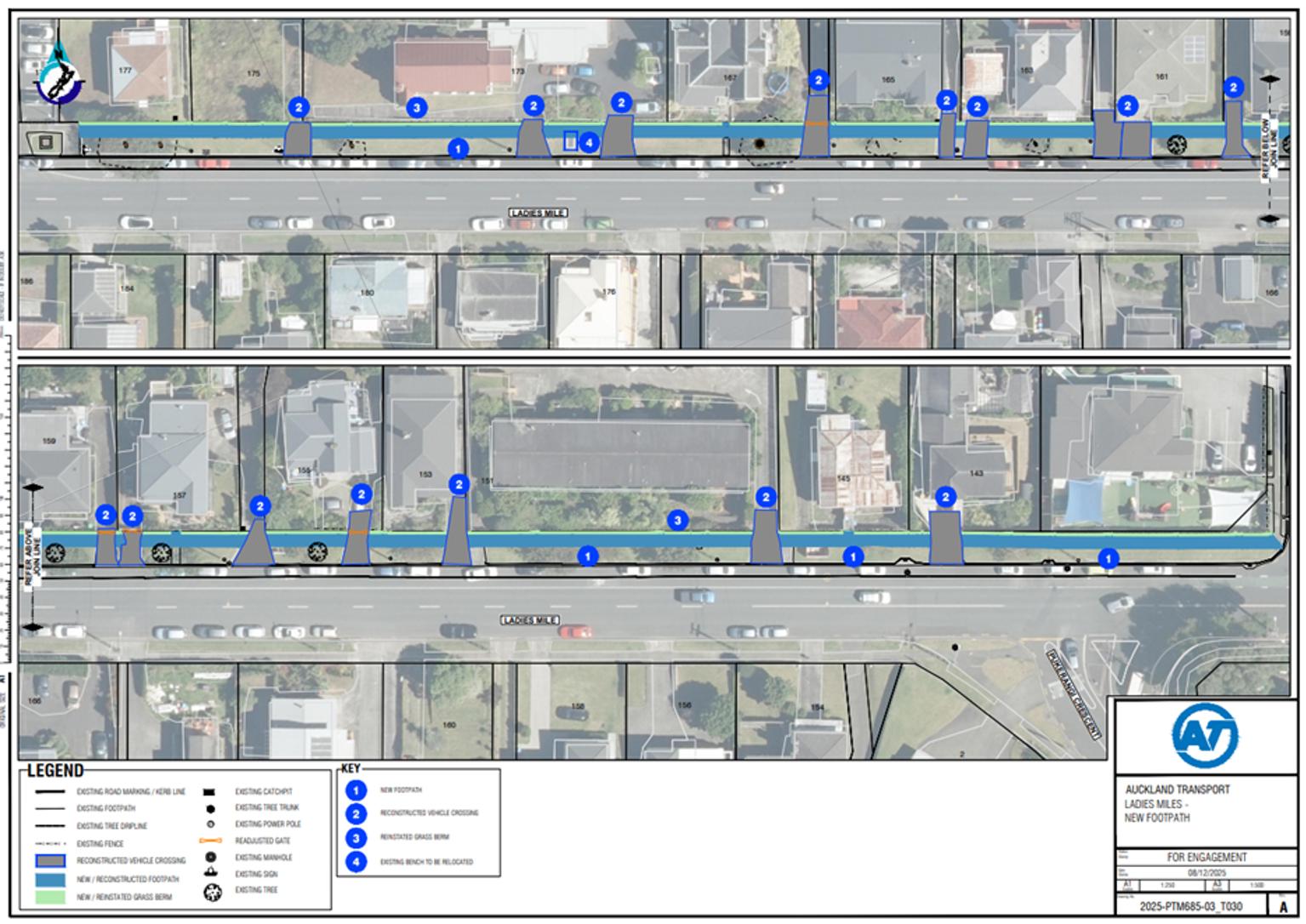 An aerial map showing the footpath changes to sections of Ladies Mile in Ellerslie.