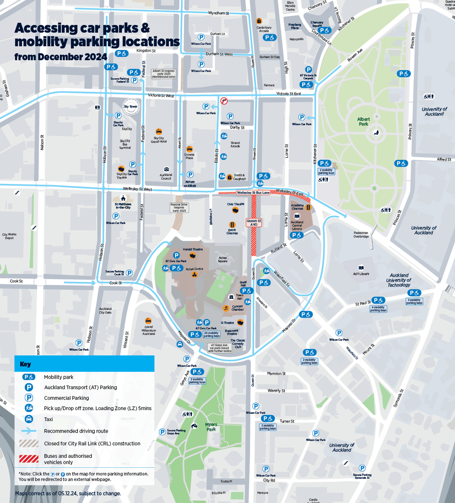 Map showing car parks and mobility parking locations in Auckland city centre.