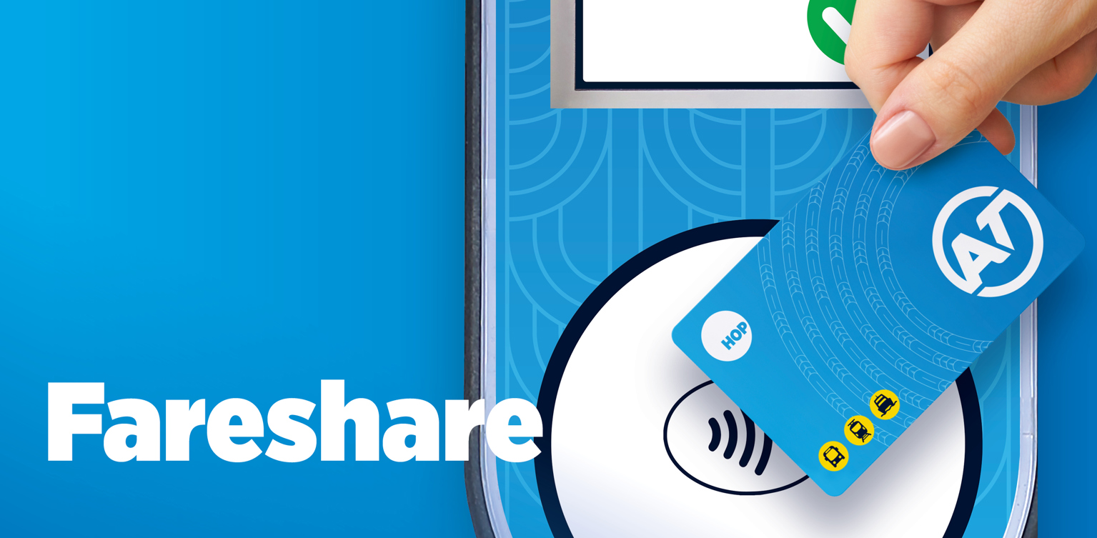 A hand holds an AT HOP card up to a HOP reader to tag on or off. The word "Fareshare" is written across the image.