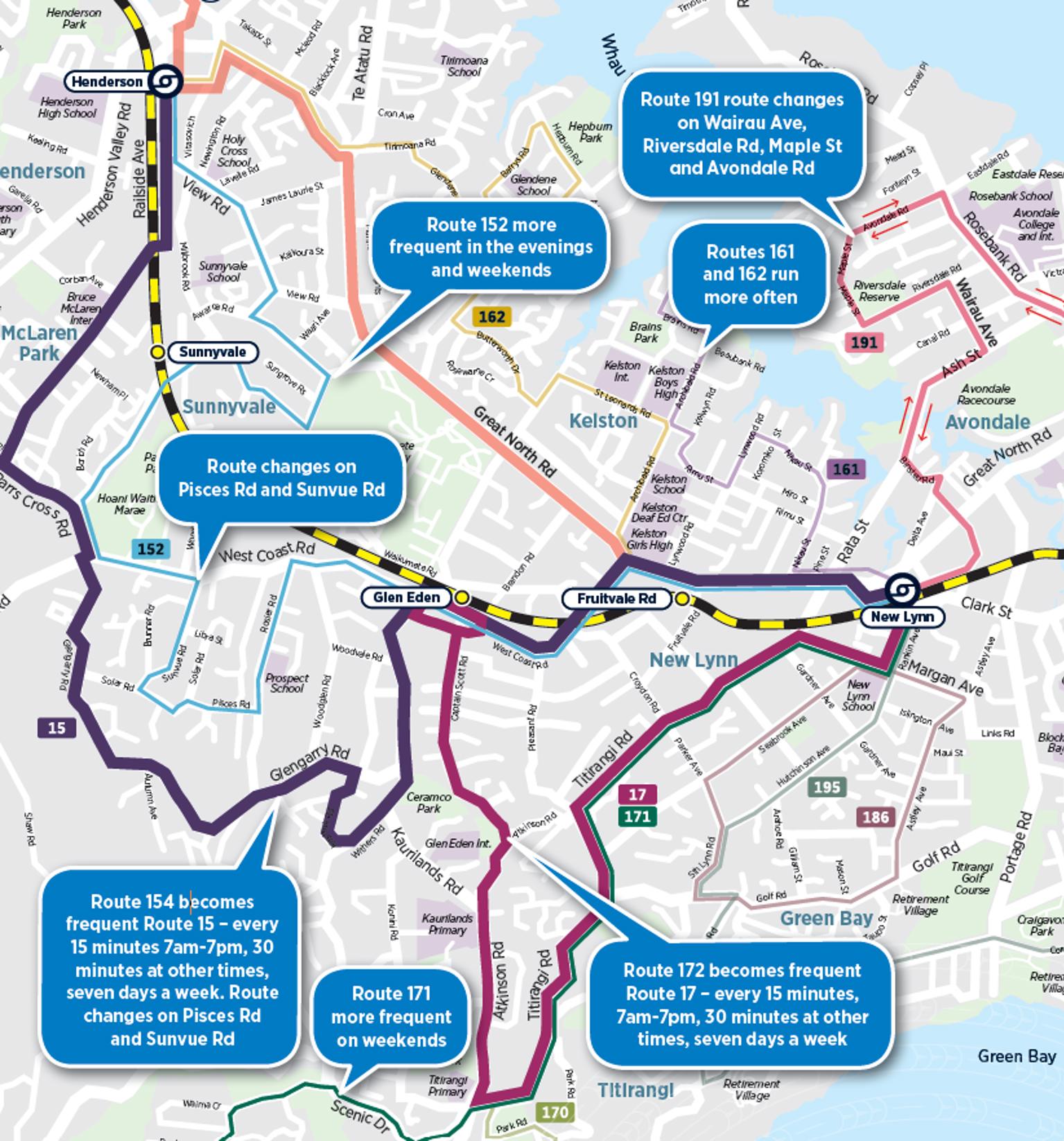 Infographic image showing map of West Auckland with text boxes explaining what the changes are.