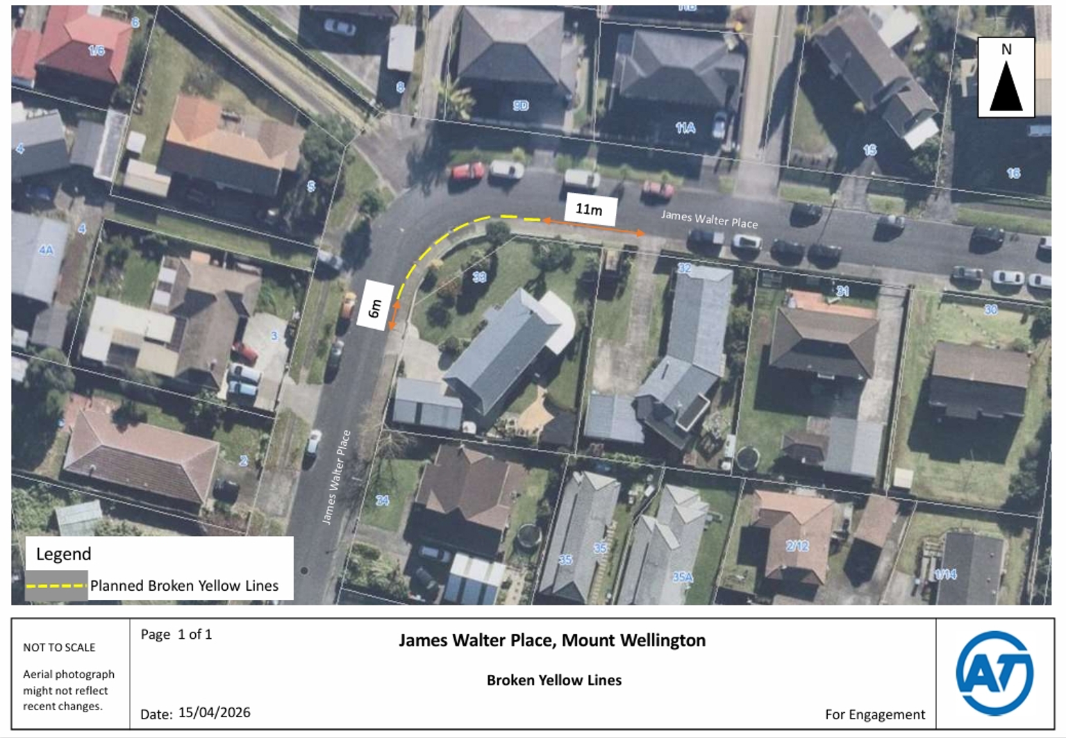 Aerial photograph with markings showing the planned changes for James Walter Place in Mt Wellington.