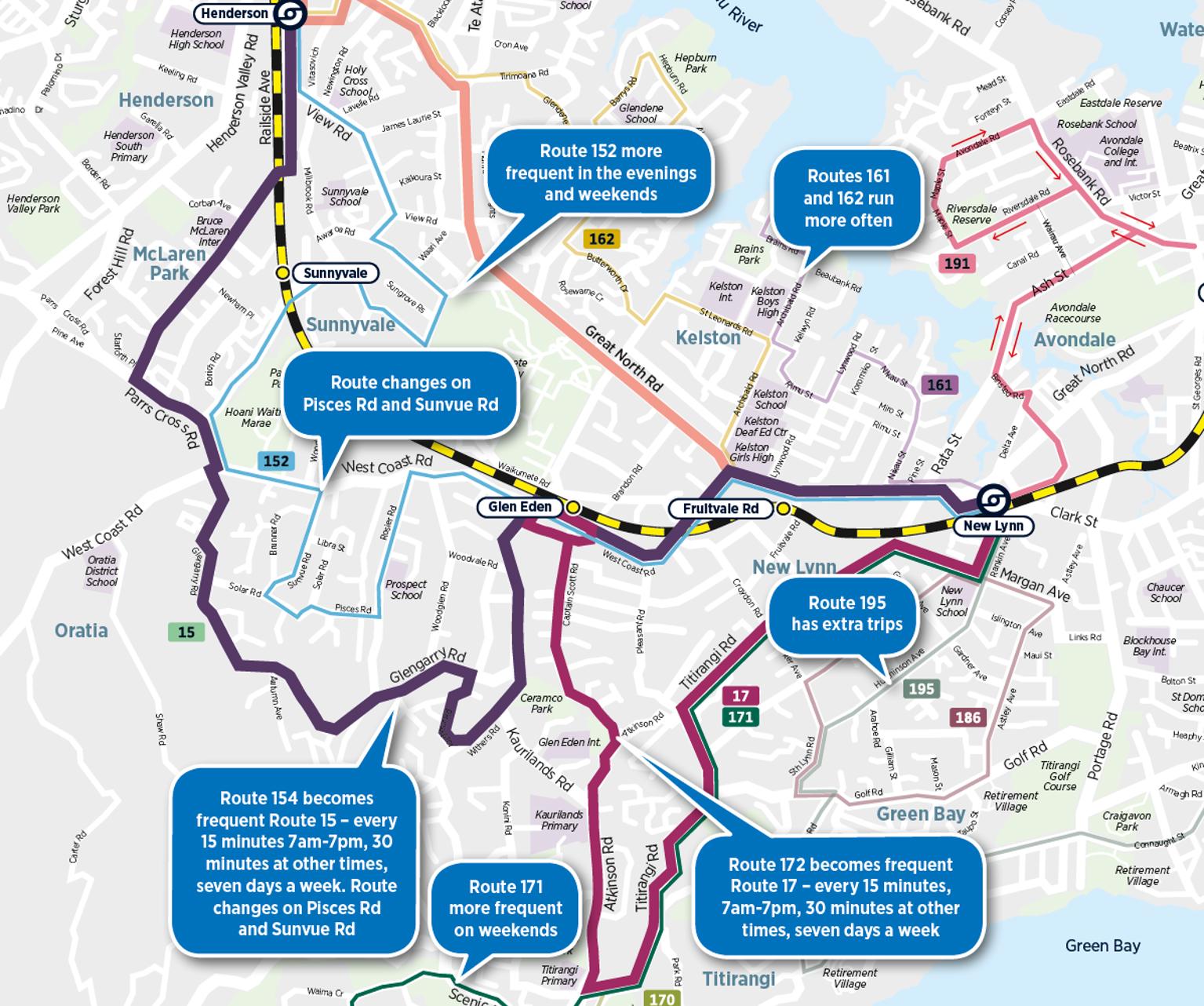 Infographic image showing map of west and northwest Auckland with text boxes explaining the changes.