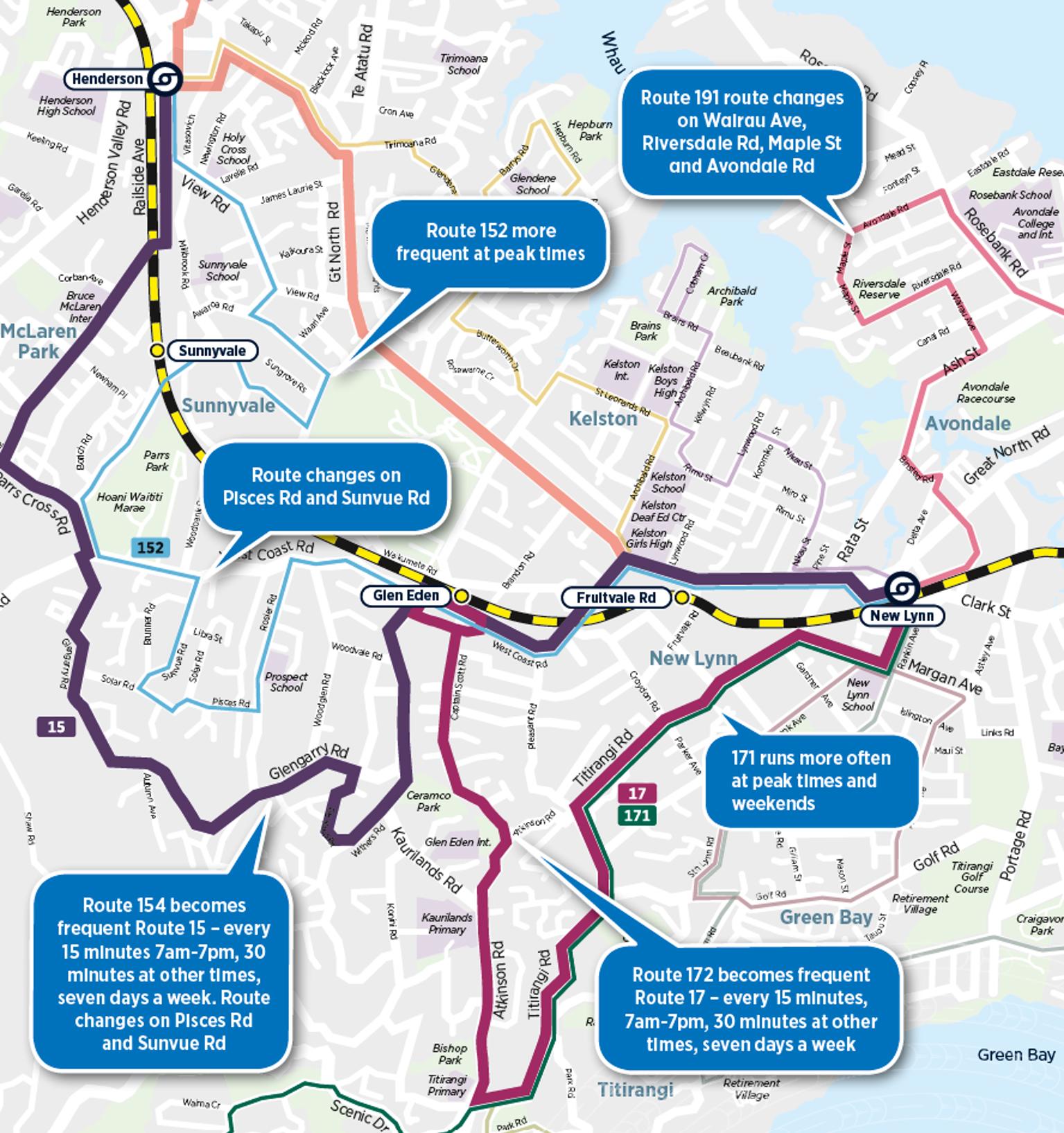 Infographic image showing map of West Auckland with text boxes explaining what the changes are.