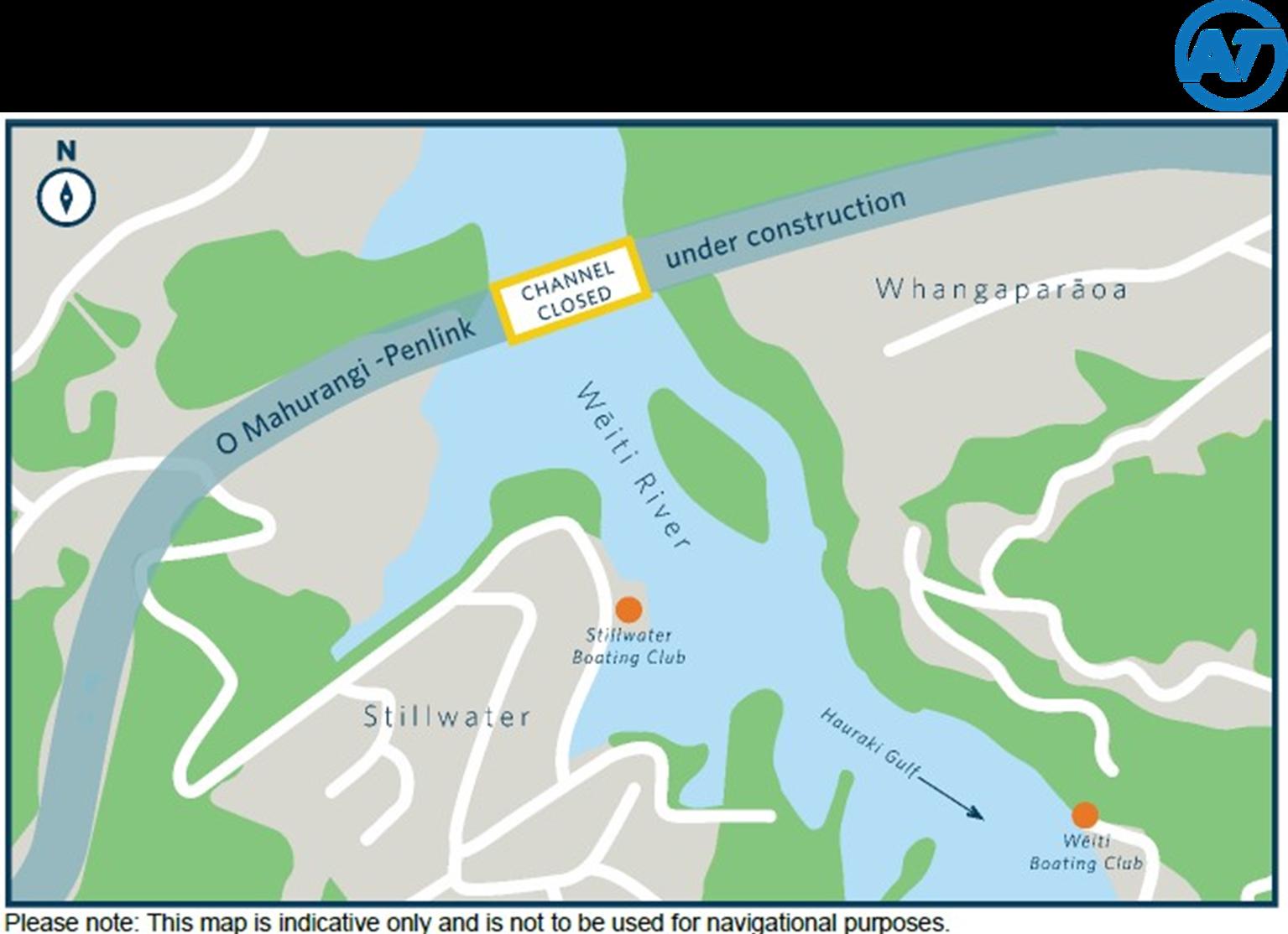 Map showing Wēiti River, Stillwater, and Whangaparāoa with channel closed near Penlink construction.