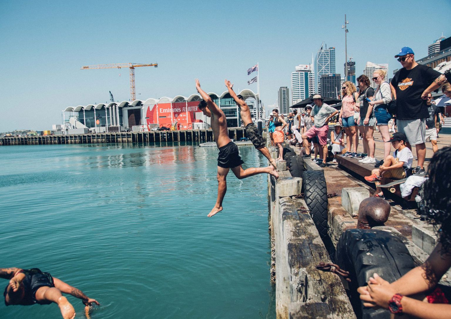 Boys jumping from a pier in Auckland.
