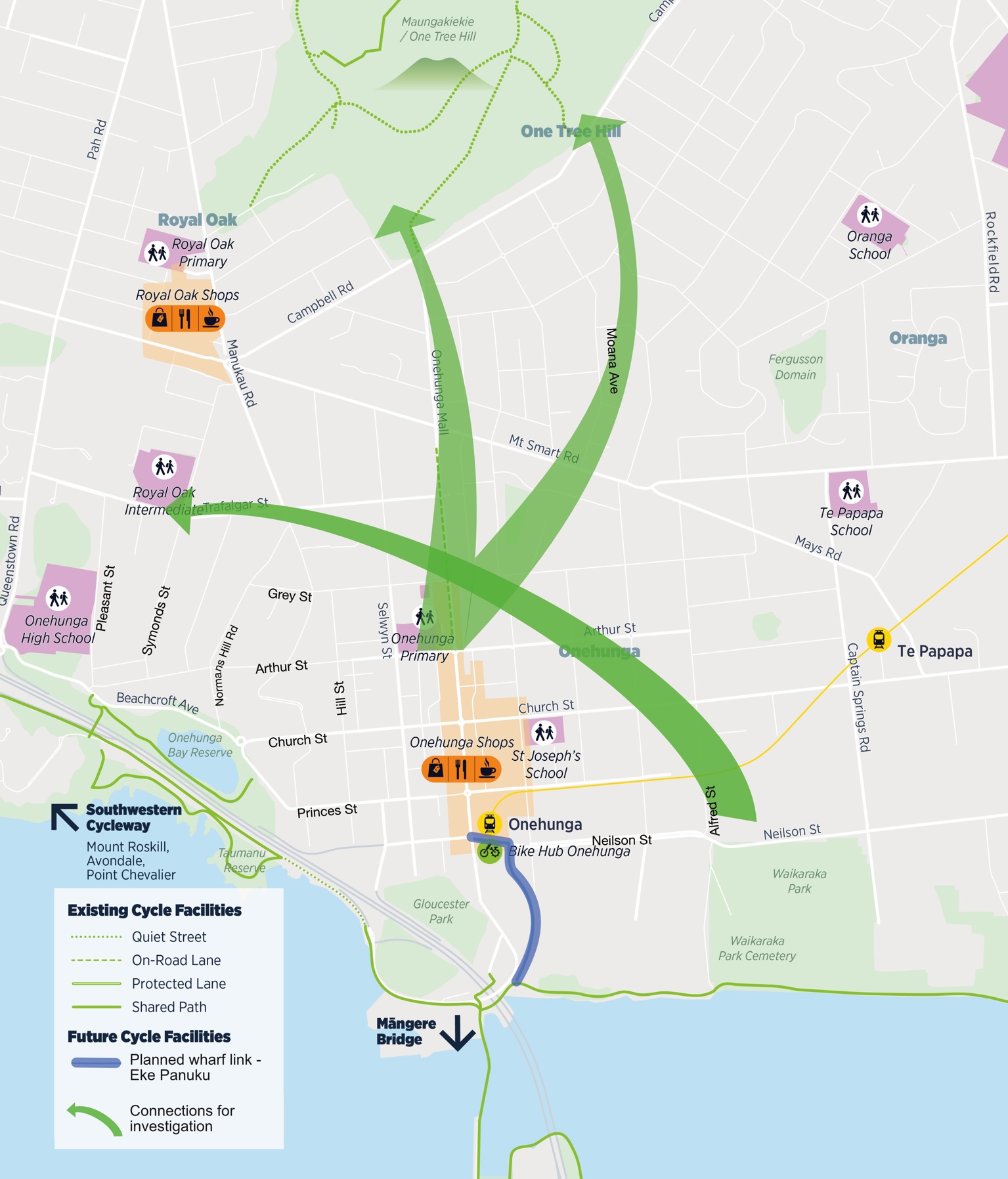 A map of Onehunga with three large green arrows overlaid to show the potential cycling connections being considered.