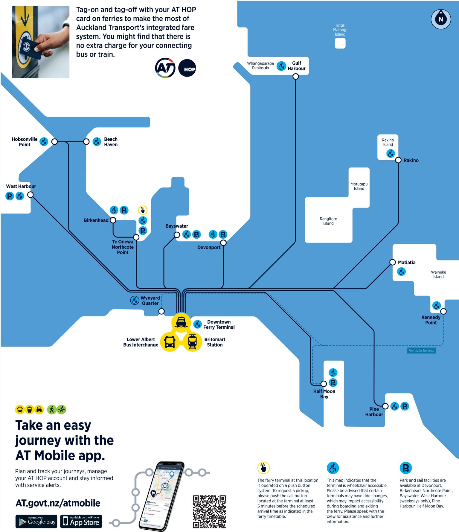 This is a detailed map of Auckland Transport’s ferry services. It includes information on routes, wheelchair accessibility, parking at terminals, and train and rapid bus connections. It also tells you how to ask a ferry to pick you up.