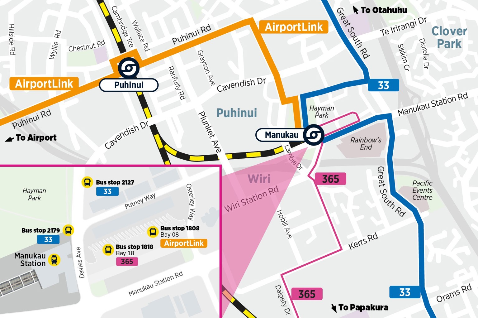 Map of alternative routes from Manukau Station