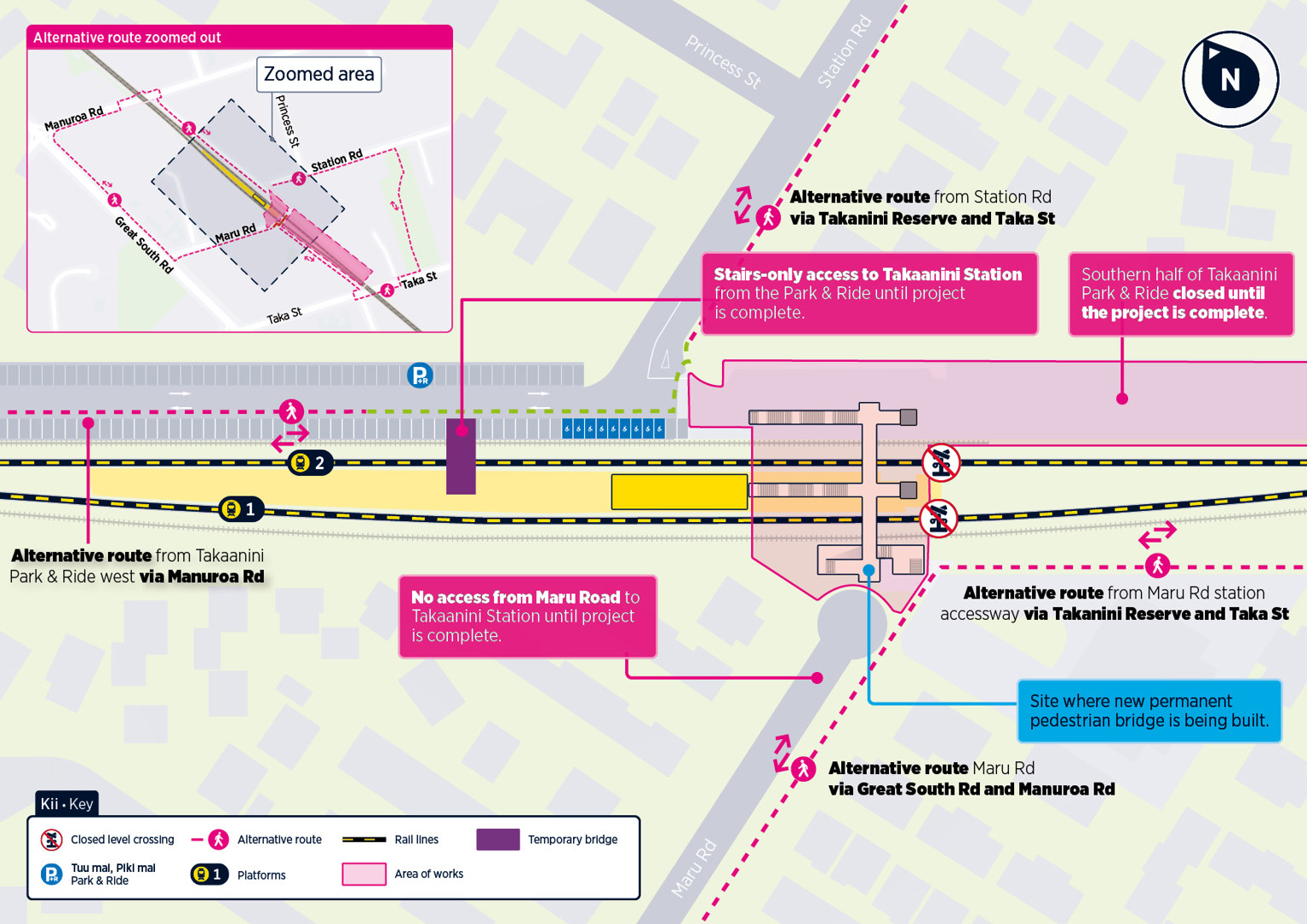 Map showing alternative access routes for Takanini station during the construction work starting 27 January 2026. 