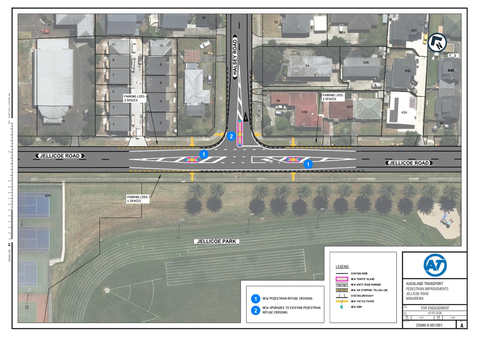 Map showing planned changes for Jellicoe Road and Halsey Road in Manurewa.