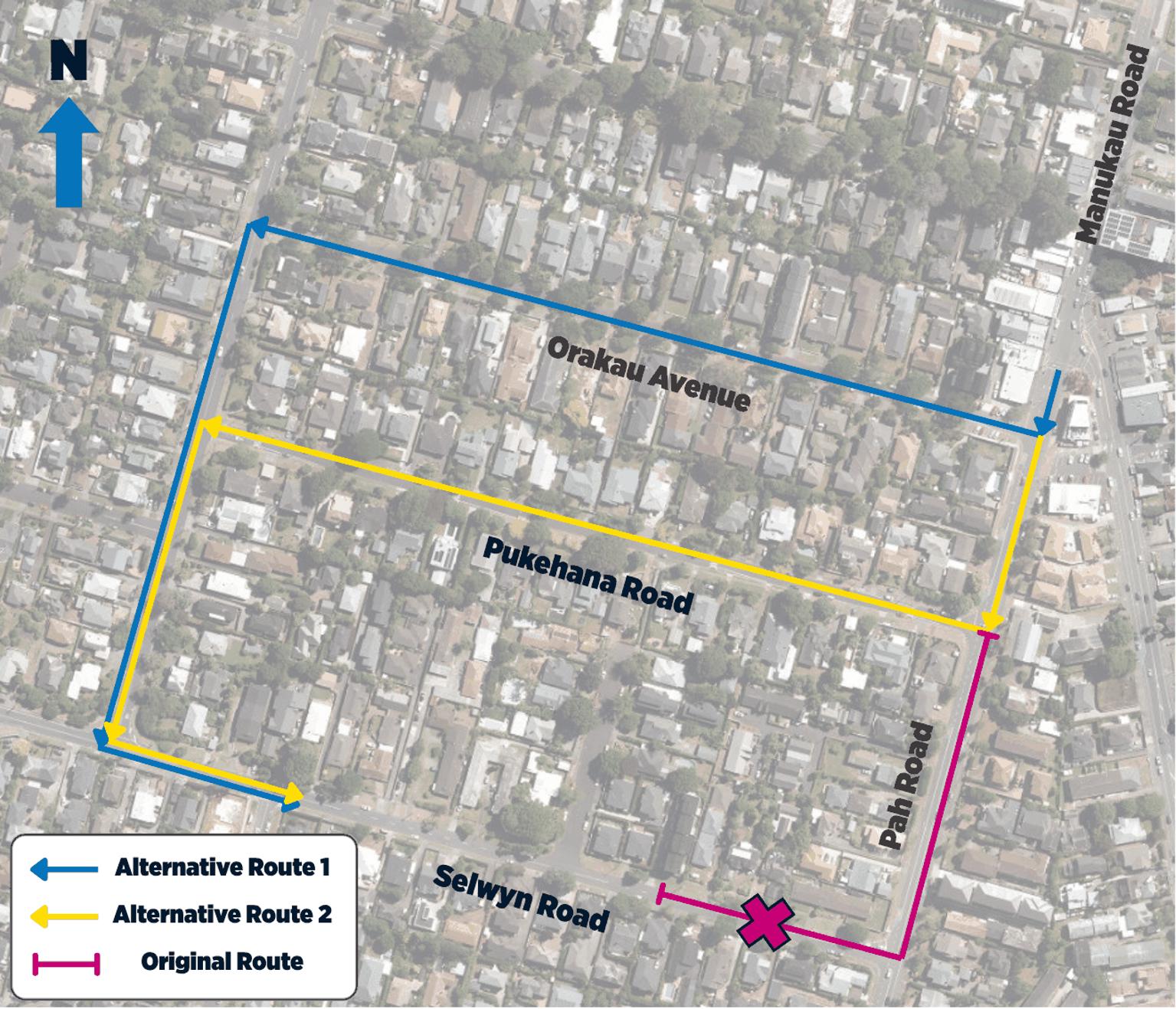 Map showing alternative routes from Selwyn Road.