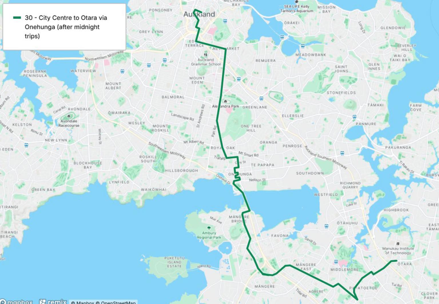 Route 30 map with late night route to Otara