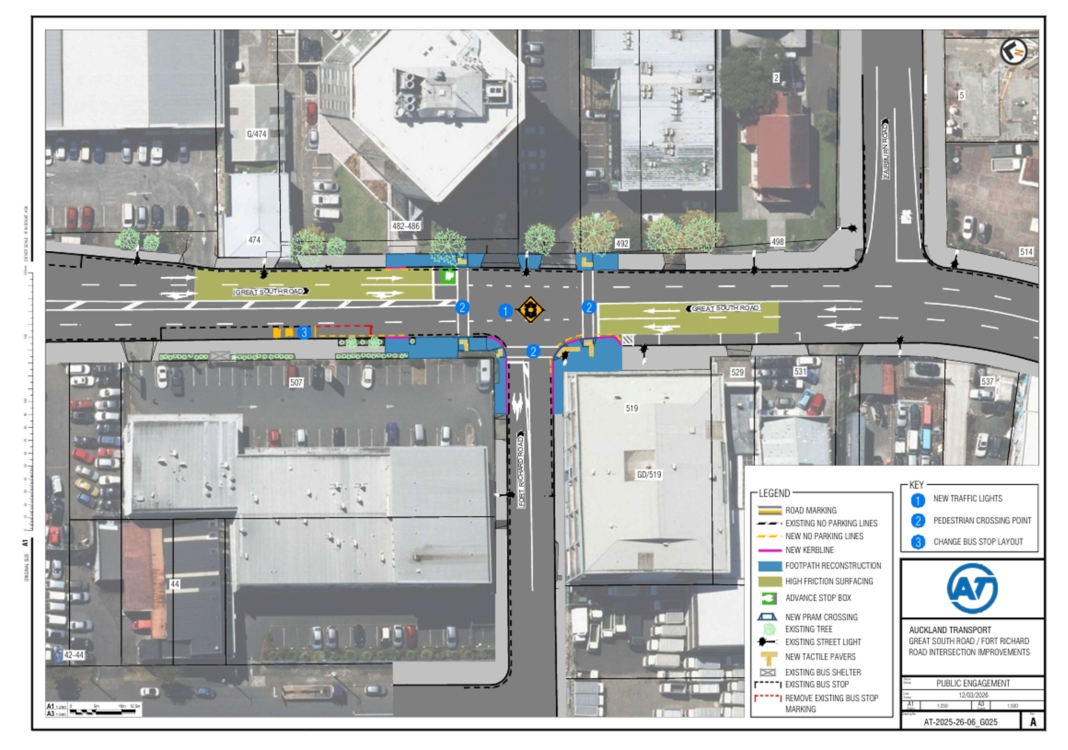 Map showing the planned changes for the intersection of Great South Road and Fort Richard Road.