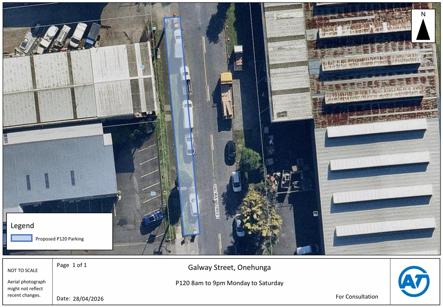 Map showing the planned changes to parking on Galway Street in Onehunga.