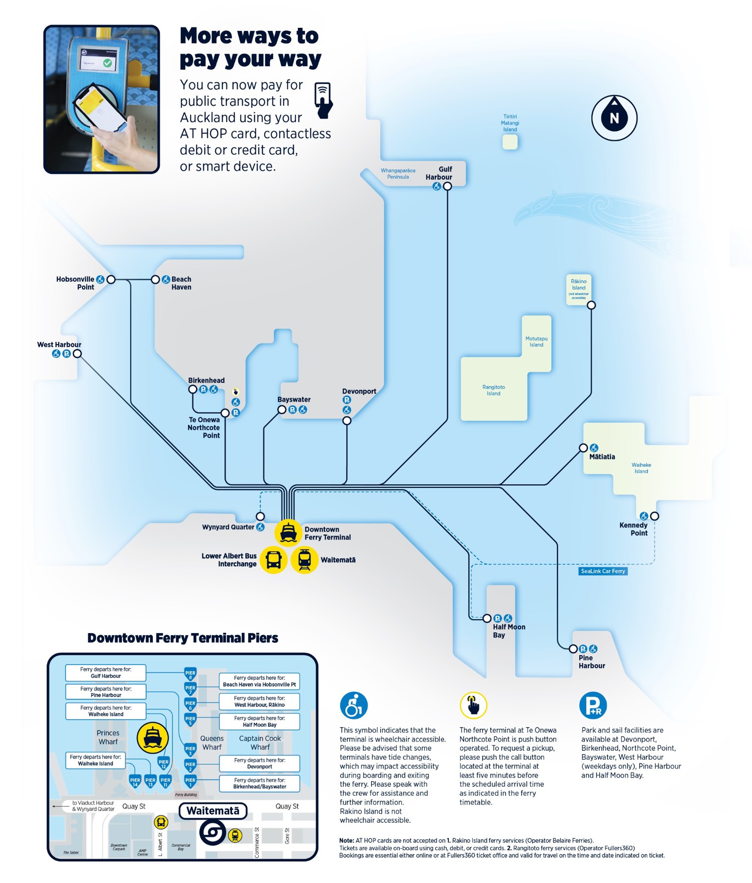 This is a detailed map of Auckland Transport’s ferry services. It includes information on routes, wheelchair accessibility, parking at terminals, and train and rapid bus connections. It also tells you how to ask a ferry to pick you up.