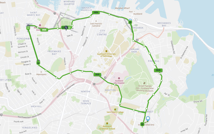 Map showing the bus journey from City Centre to Spark Arena